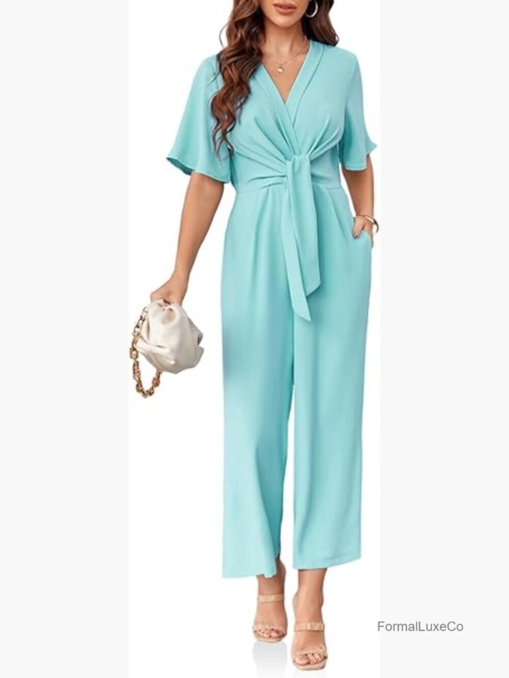 V Neck Jumpsuit Short Sleeve Wide Leg Long Pants Romper